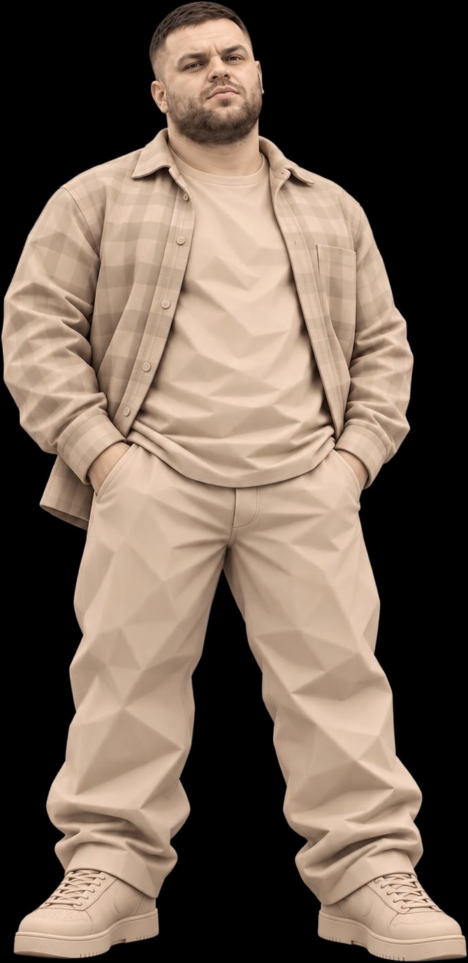 FAMUZ Coby figure in a low-poly flannel shirt and chinos